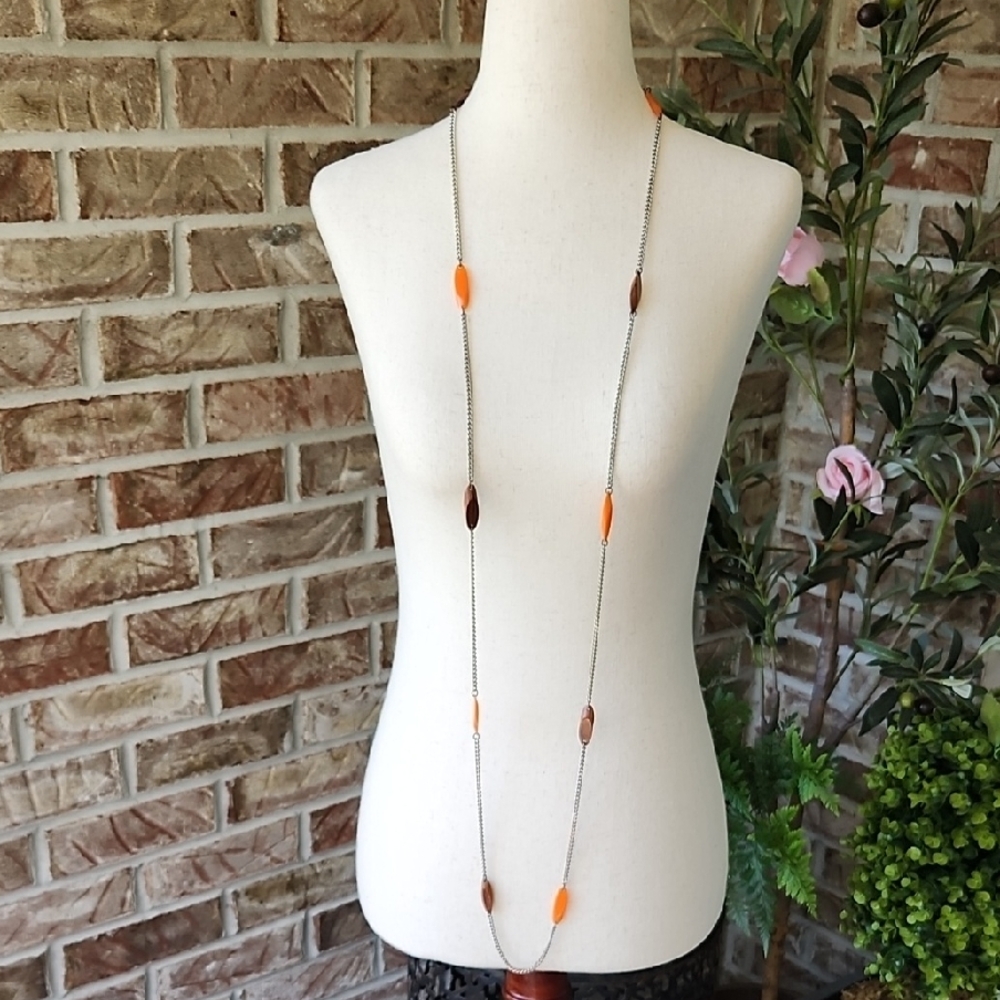 Long Silver Cable Link Necklace With Orange and Wooden Station Accents